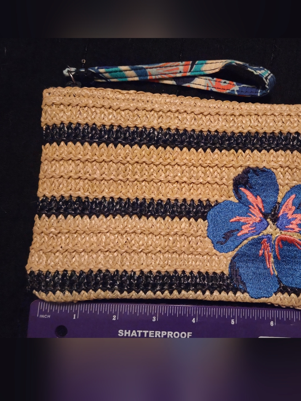 Vera Bradley Straw Clutch Wristlet with Blue Floral Applique